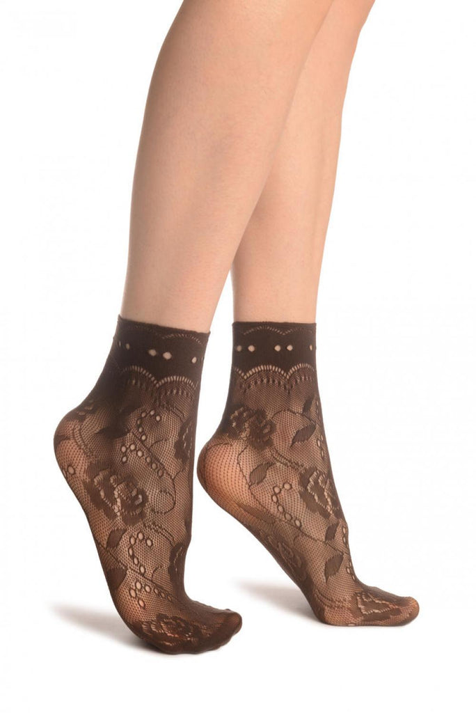 liss kiss Grey Roses Lace With Comfort Top Ankle High Socks - Socks