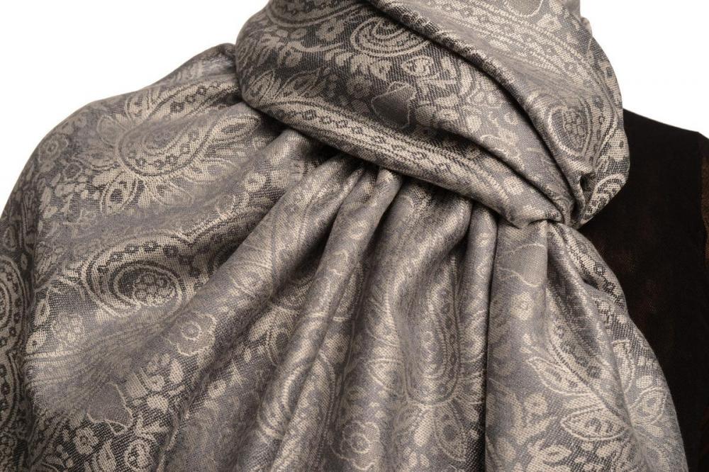 Liss Kiss Grey & Slate Grey Paisleys Pashmina Feel With Tassels - Scarf