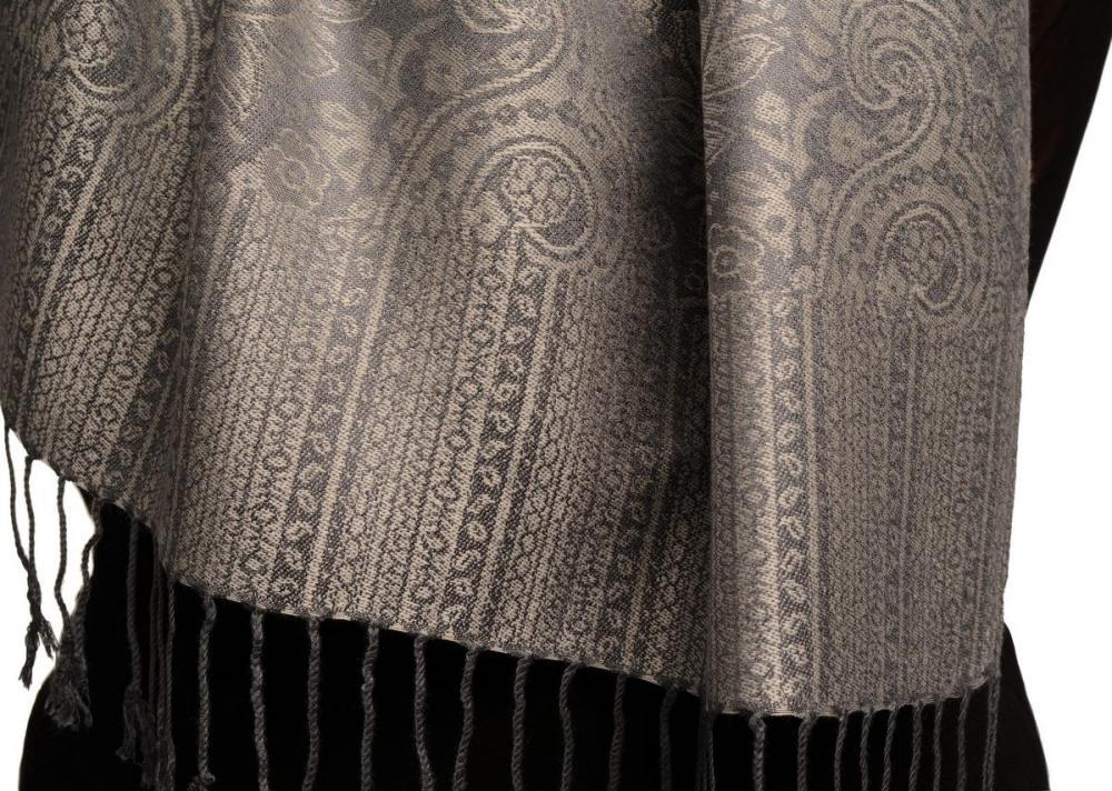 Liss Kiss Grey & Slate Grey Paisleys Pashmina Feel With Tassels - Scarf