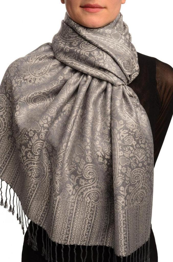 Liss Kiss Grey & Slate Grey Paisleys Pashmina Feel With Tassels - Scarf