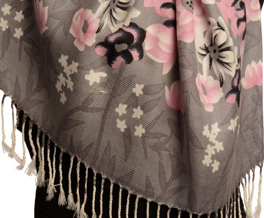Liss Kiss Grey Spring Flowers On White Pashmina Feel With Tassels - Scarf