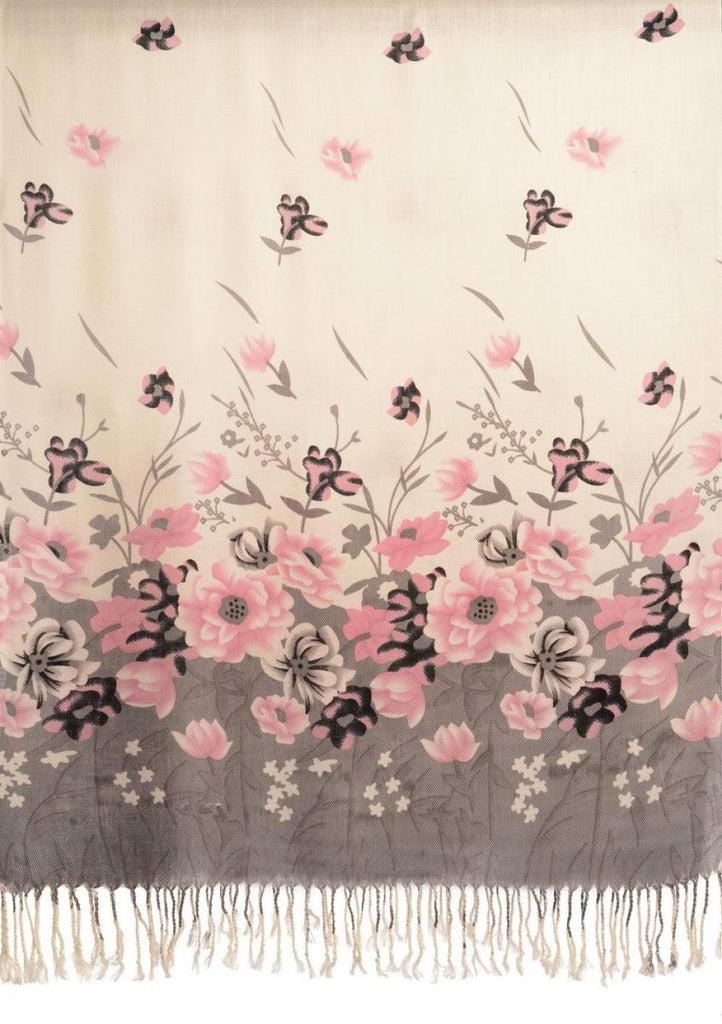 Liss Kiss Grey Spring Flowers On White Pashmina Feel With Tassels - Scarf