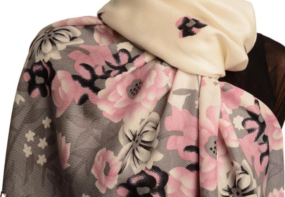 Liss Kiss Grey Spring Flowers On White Pashmina Feel With Tassels - Scarf