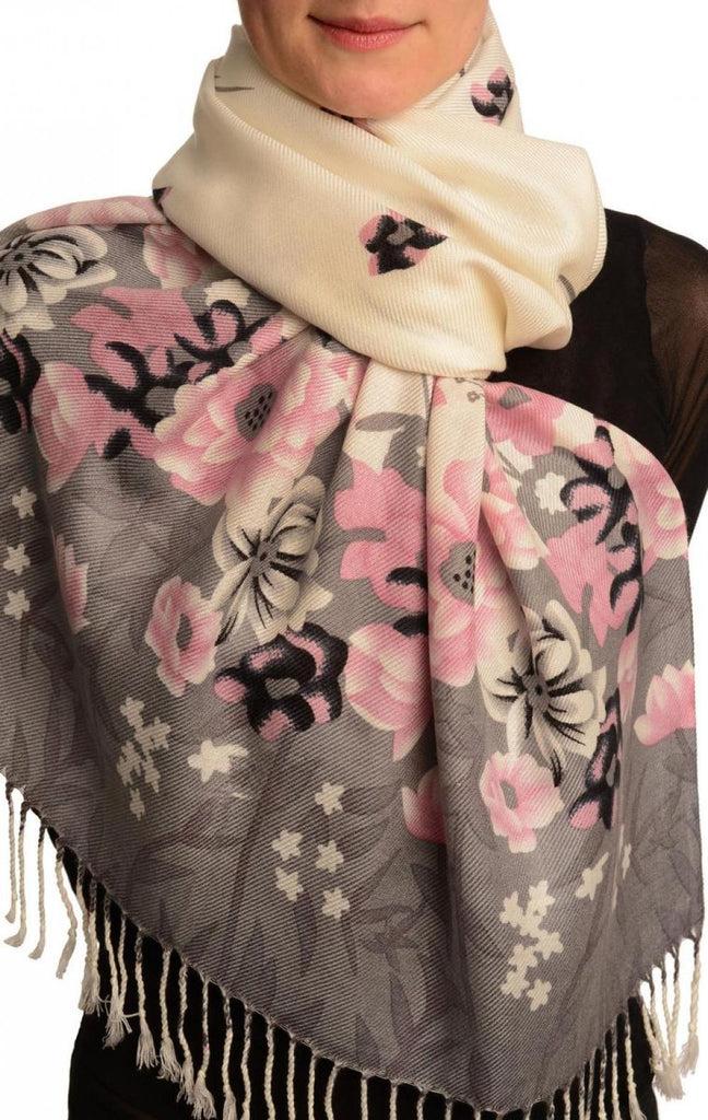 liss kiss Grey Spring Flowers On White Pashmina Feel With Tassels - Scarf