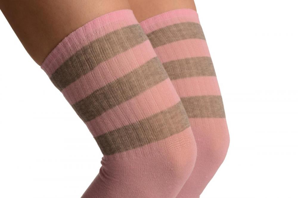 Liss Kiss Grey Stripes On Pink (Referee) - Over The Knee Socks