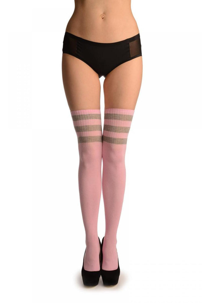 Liss Kiss Grey Stripes On Pink (Referee) - Over The Knee Socks