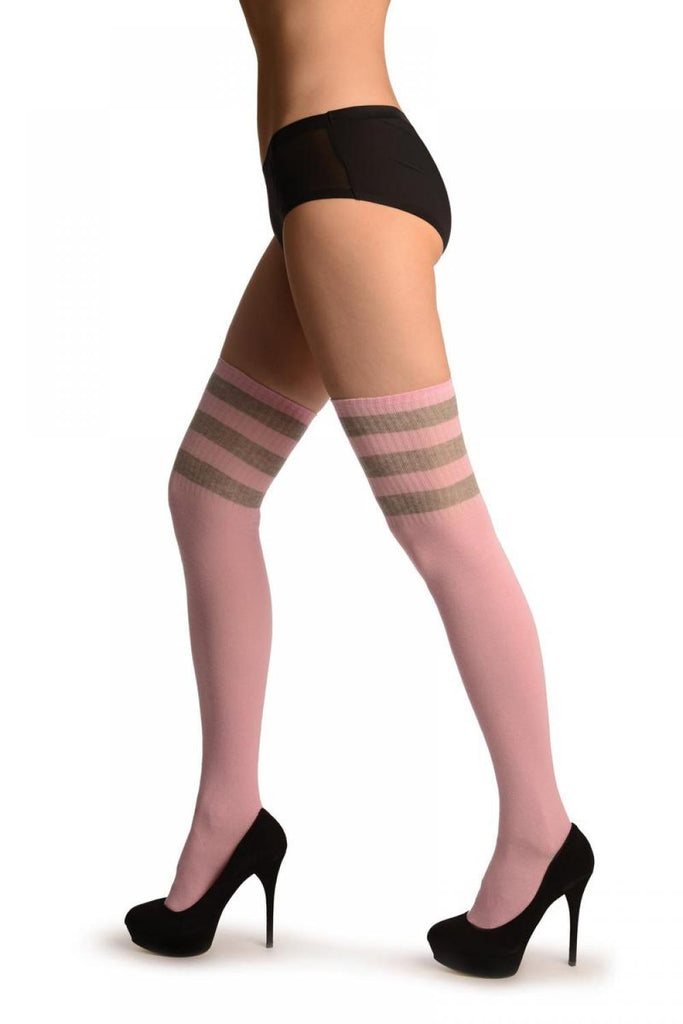 liss kiss Grey Stripes On Pink (Referee) - Over The Knee Socks