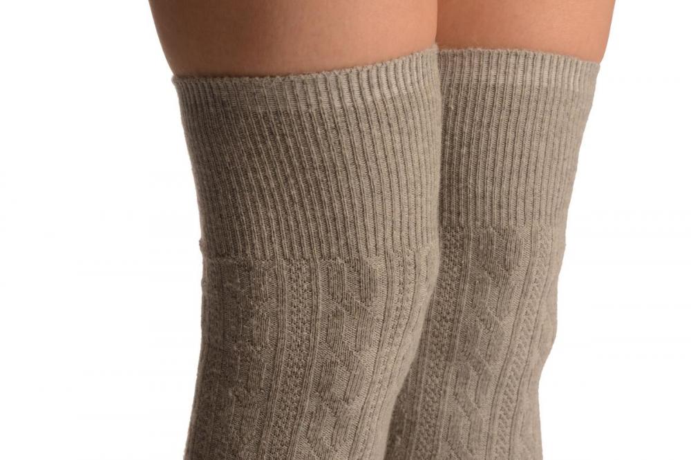 Liss Kiss Grey Twist Cable Knit Merino Wool Blend - Over The Knee Socks