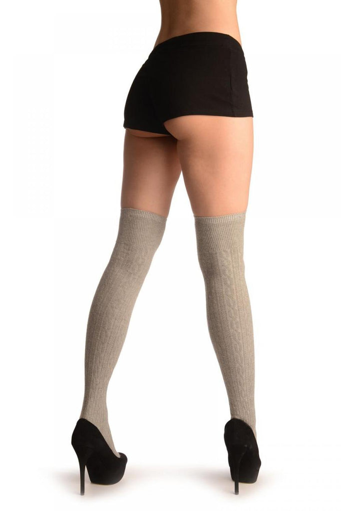 Liss Kiss Grey Twist Cable Knit Merino Wool Blend - Over The Knee Socks