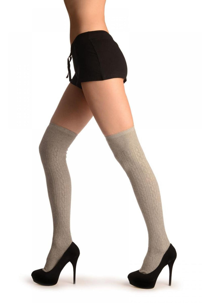 Liss Kiss Grey Twist Cable Knit Merino Wool Blend - Over The Knee Socks