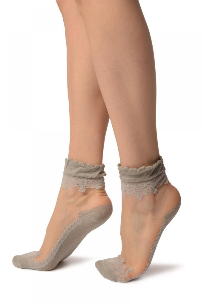 Liss Kiss Grey Versalles Lace On Invisible Mesh Ankle High Socks - Socks