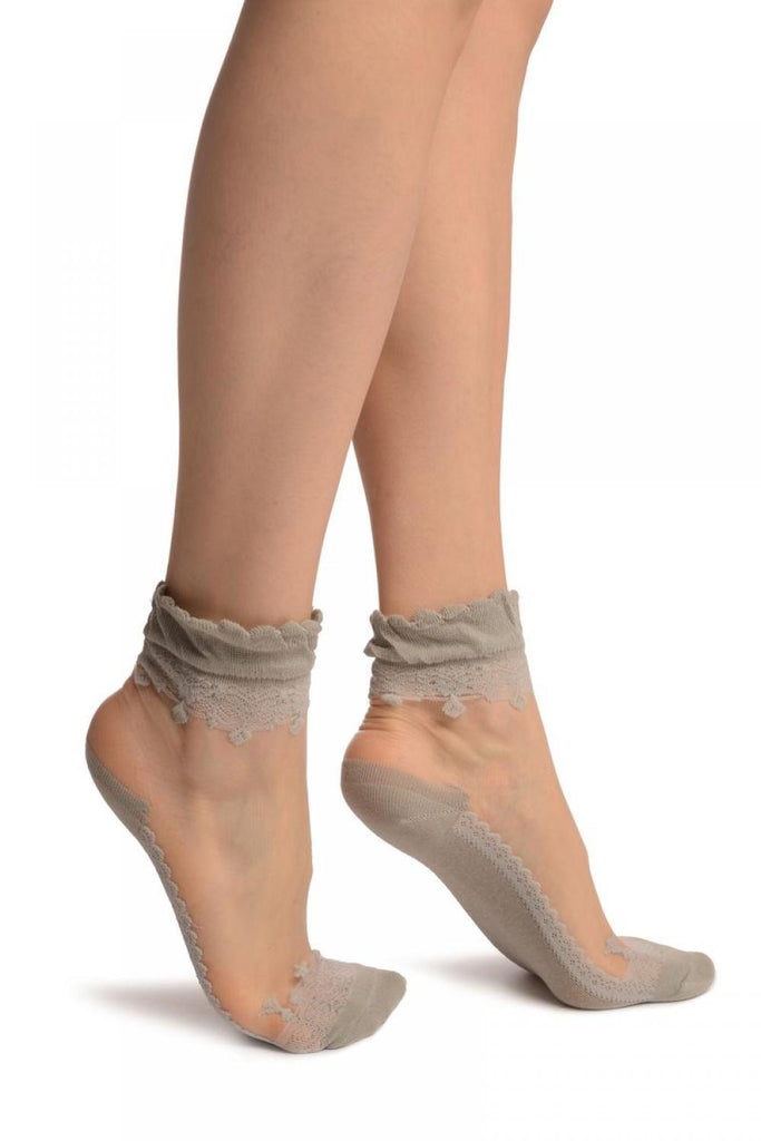Liss Kiss Grey Versalles Lace On Invisible Mesh Ankle High Socks - Socks