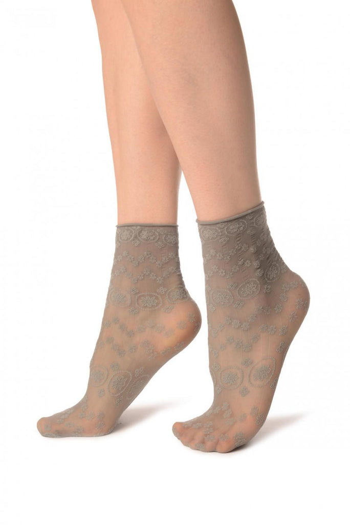Liss Kiss Grey Water Lilly With Comfortable Top Ankle High Socks - Socks
