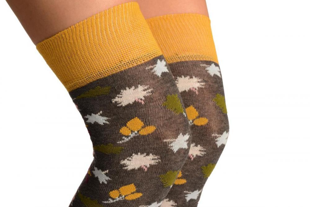 Liss Kiss Grey With Autumn Leaves Over The Knee Socks - Over The Knee Socks