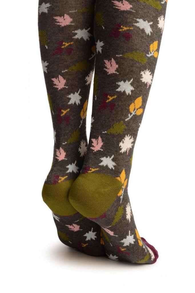 Liss Kiss Grey With Autumn Leaves Over The Knee Socks - Over The Knee Socks