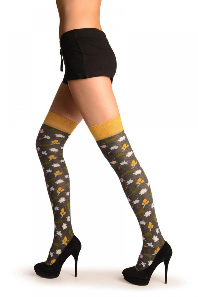 Liss Kiss Grey With Autumn Leaves Over The Knee Socks - Over The Knee Socks
