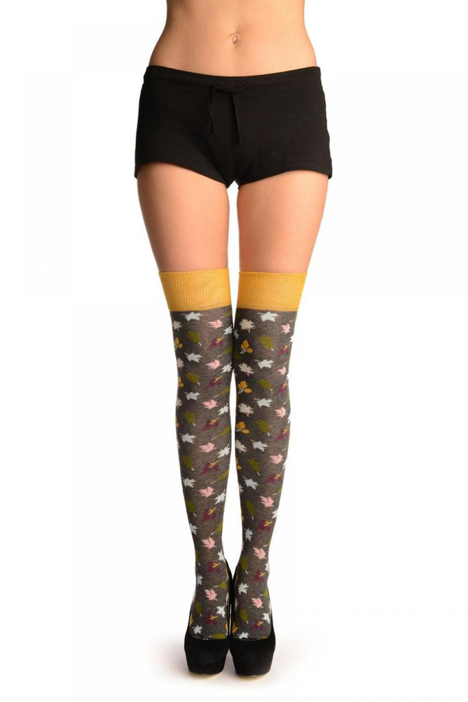liss kiss Grey With Autumn Leaves Over The Knee Socks - Over The Knee Socks