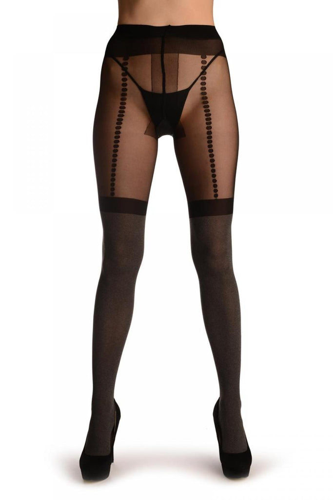 Liss Kiss Grey With Black Garter And Faux Dotted Suspenders - Tights