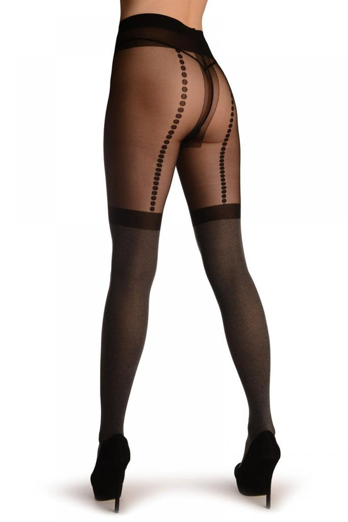 Liss Kiss Grey With Black Garter And Faux Dotted Suspenders - Tights