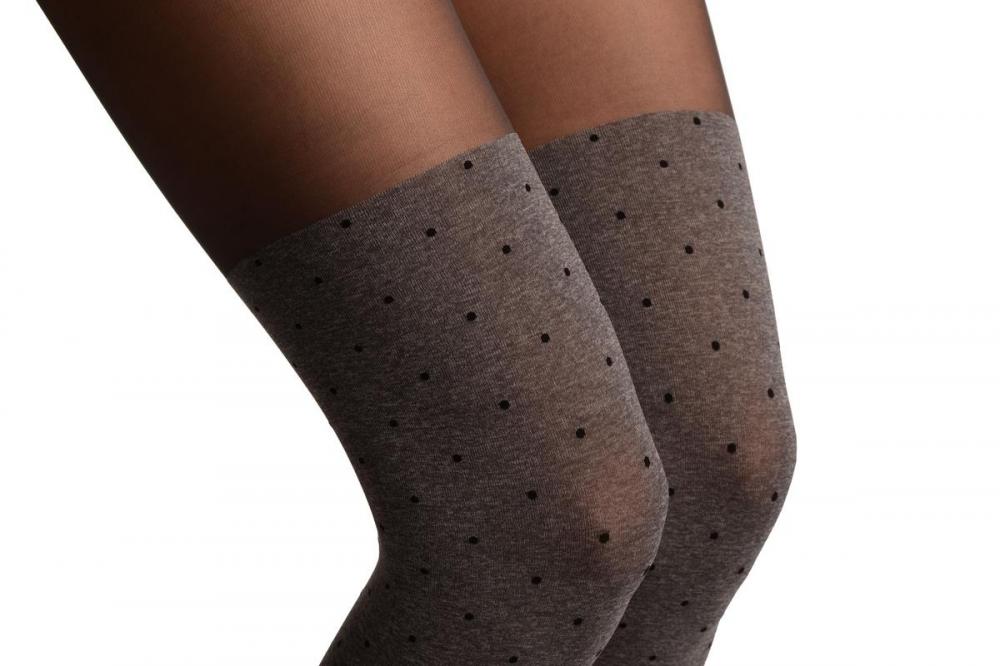 Liss Kiss Grey With Black Polka Dots Faux Stockings With Sheer Top Tights - Tights