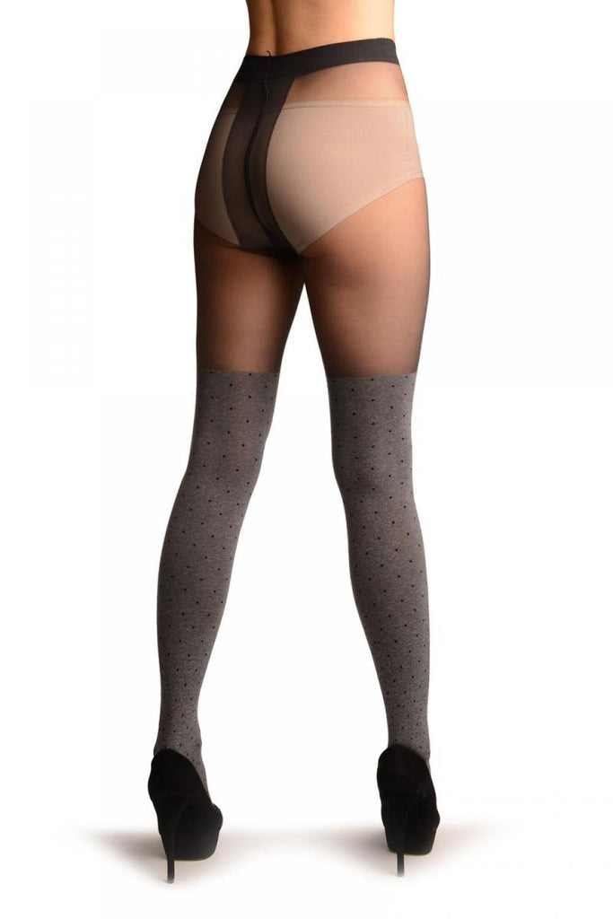 Liss Kiss Grey With Black Polka Dots Faux Stockings With Sheer Top Tights - Tights