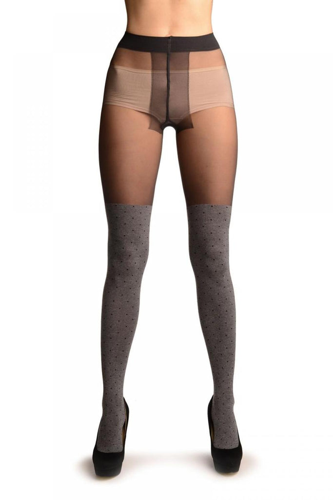 Liss Kiss Grey With Black Polka Dots Faux Stockings With Sheer Top Tights - Tights