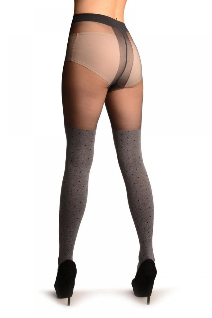Liss Kiss Grey With Black Polka Dots Faux Stockings With Sheer Top Tights - Tights