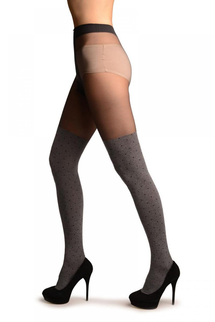 Liss Kiss Grey With Black Polka Dots Faux Stockings With Sheer Top Tights - Tights