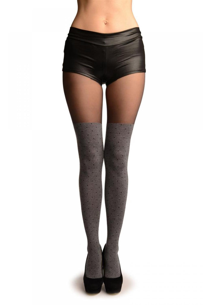 liss kiss Grey With Black Polka Dots Faux Stockings With Sheer Top Tights - Tights