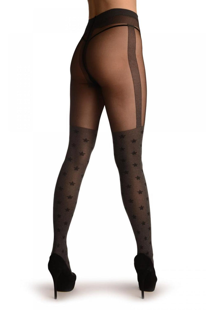 Liss Kiss Grey With Black Stars & Faux Suspenders - Tights