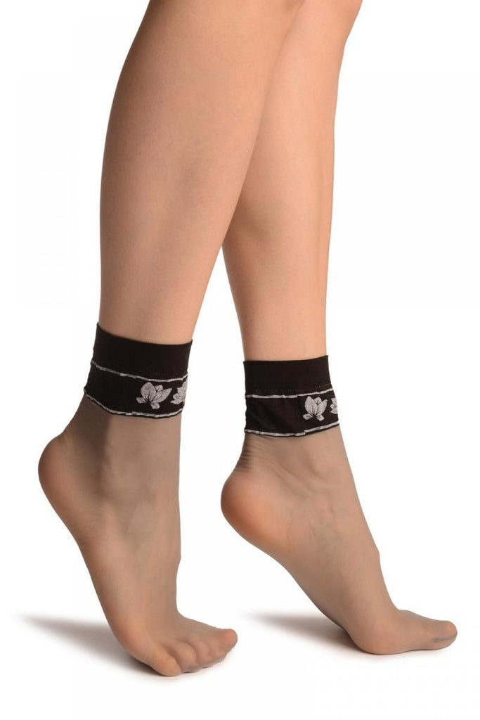 Liss Kiss Grey With Black Top & White Lotus Flowers Socks Ankle High - Socks