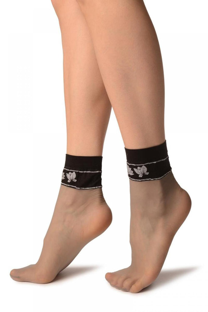 Liss Kiss Grey With Black Top & White Lotus Flowers Socks Ankle High - Socks