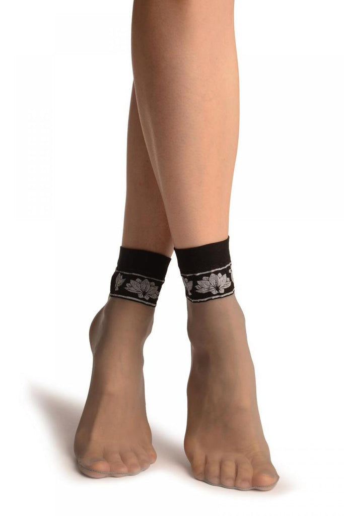 liss kiss Grey With Black Top & White Lotus Flowers Socks Ankle High - Socks