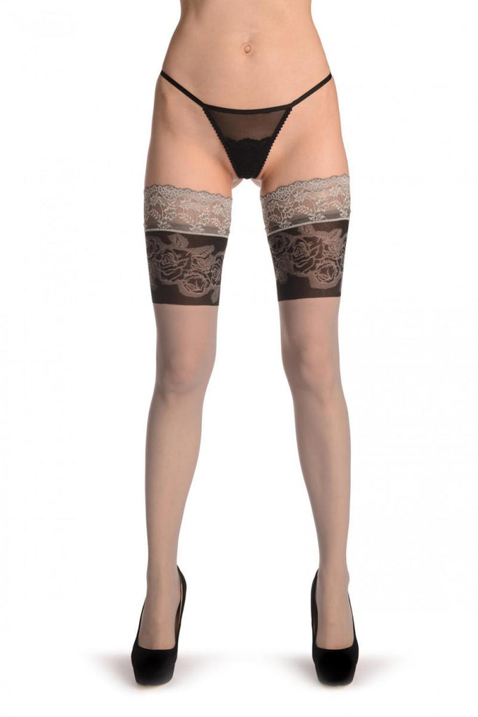 Liss Kiss Grey With Black Woven Roses Top 20 Den - Hold Ups