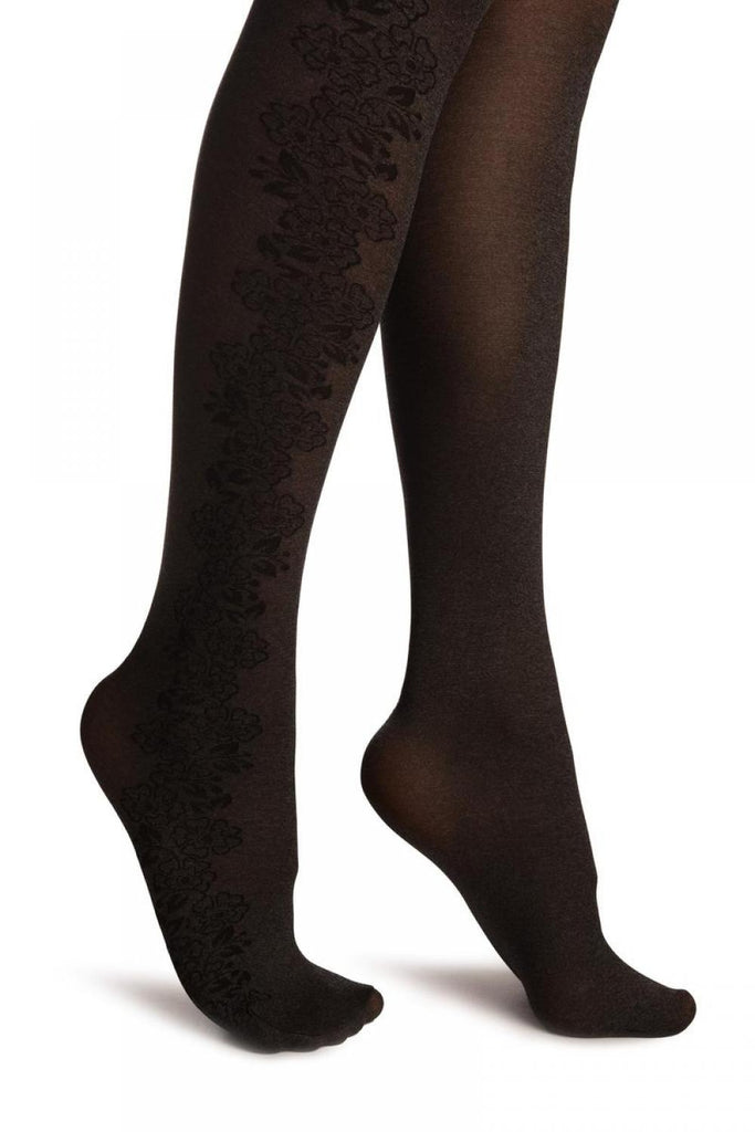 Liss Kiss Grey With Black Woven Viola Flowers Side Seam - Tights