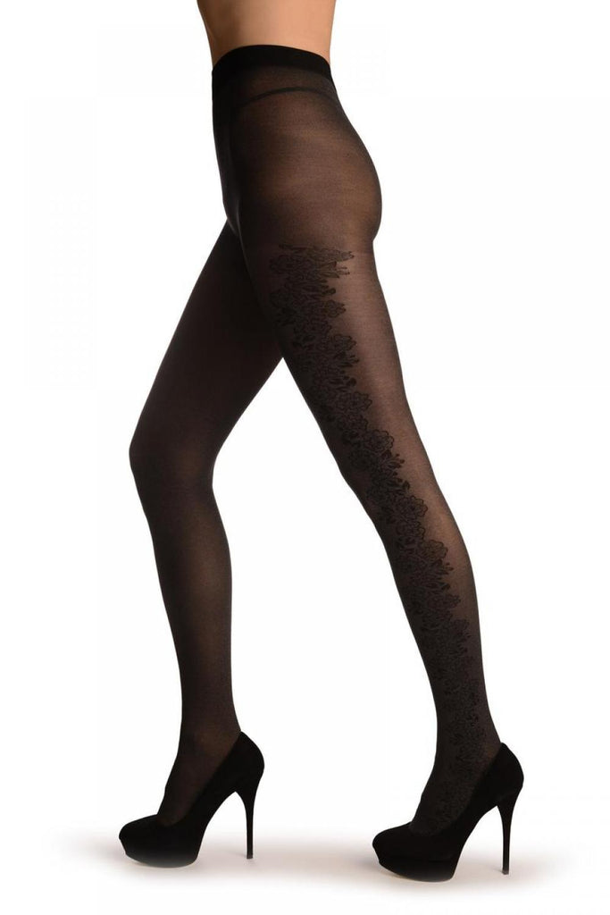 Liss Kiss Grey With Black Woven Viola Flowers Side Seam - Tights