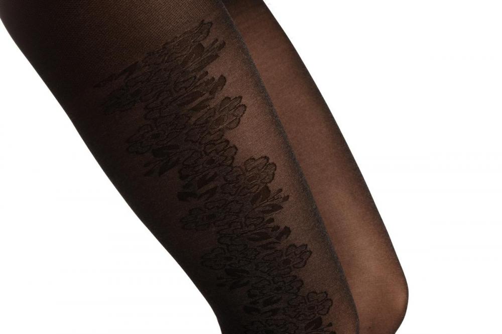 Liss Kiss Grey With Black Woven Viola Flowers Side Seam - Tights