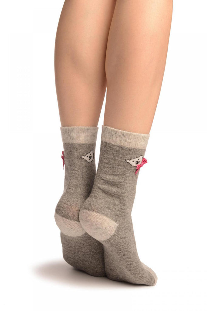 Liss Kiss Grey With Cute Bear & Satin Bow Angora Ankle High Socks - Socks