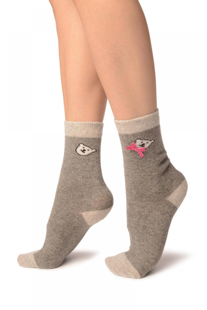 Liss Kiss Grey With Cute Bear & Satin Bow Angora Ankle High Socks - Socks