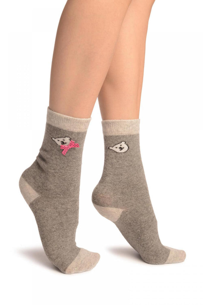 liss kiss Grey With Cute Bear & Satin Bow Angora Ankle High Socks - Socks