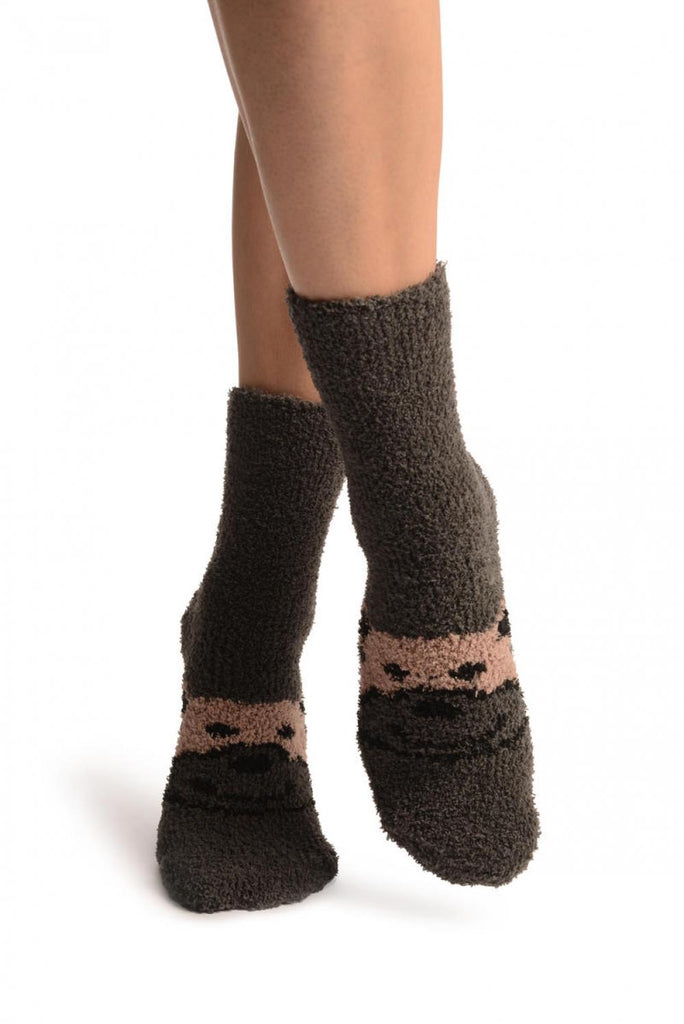 Liss Kiss Grey With Cute Bear Terry Ankle High Socks - Socks