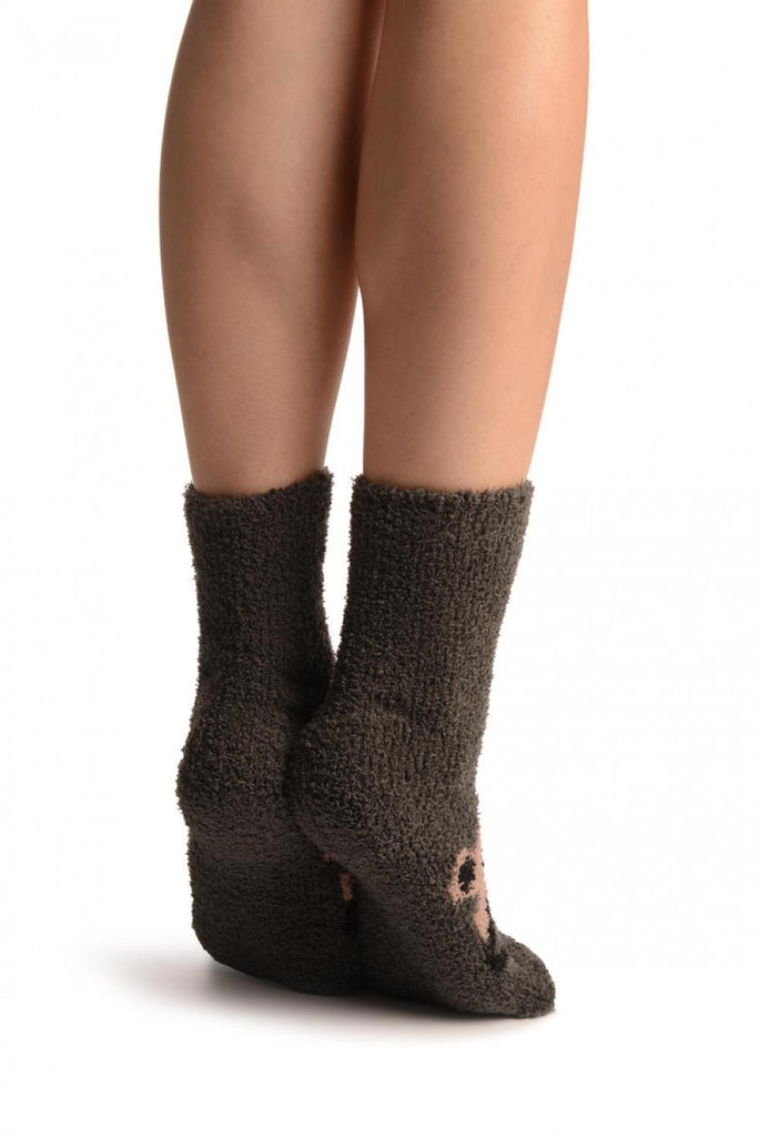 Liss Kiss Grey With Cute Bear Terry Ankle High Socks - Socks