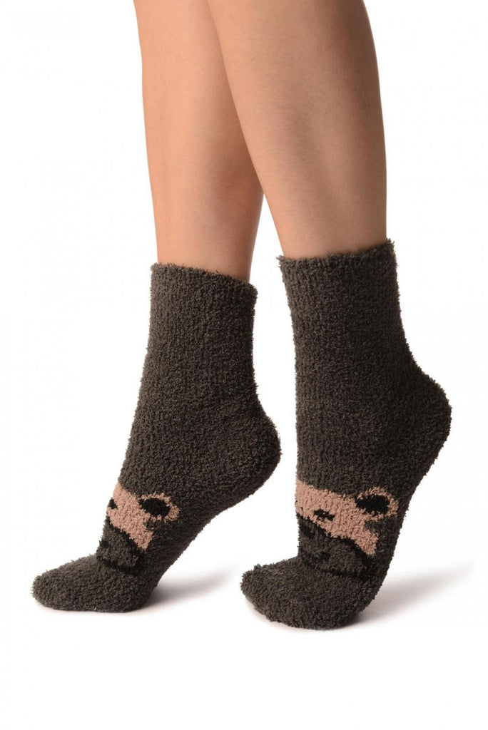 Liss Kiss Grey With Cute Bear Terry Ankle High Socks - Socks