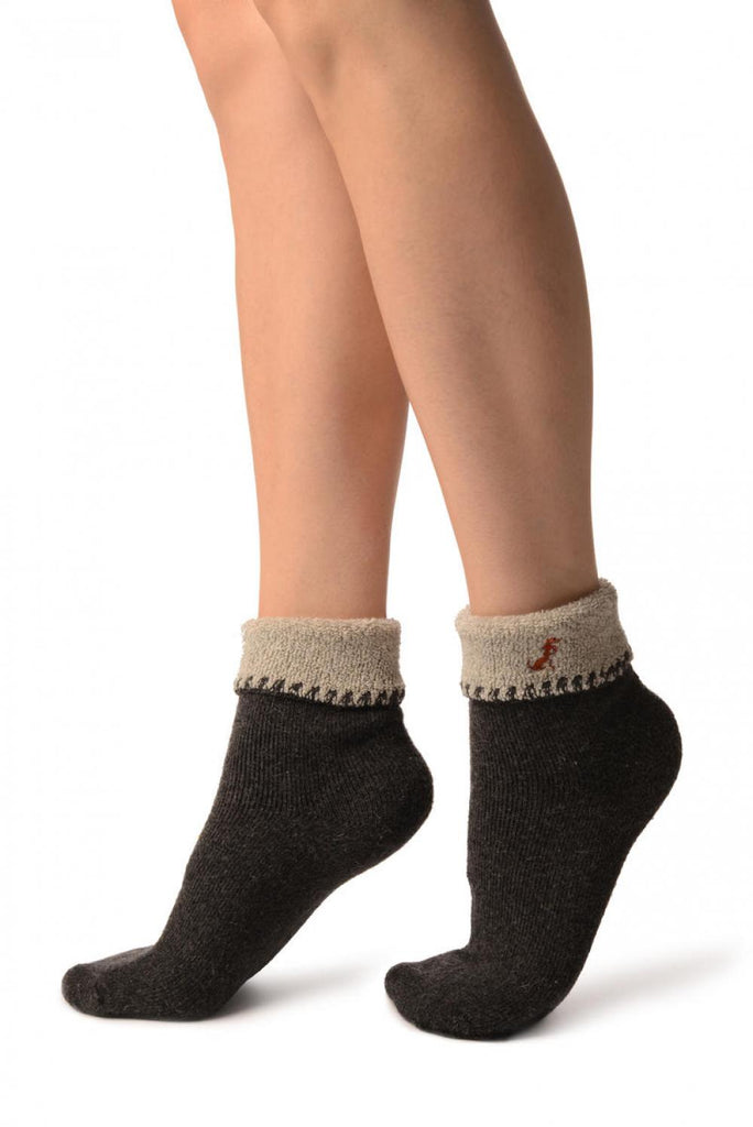 Liss Kiss Grey With Cute Dog Flip Top Angora Ankle High Socks - Socks