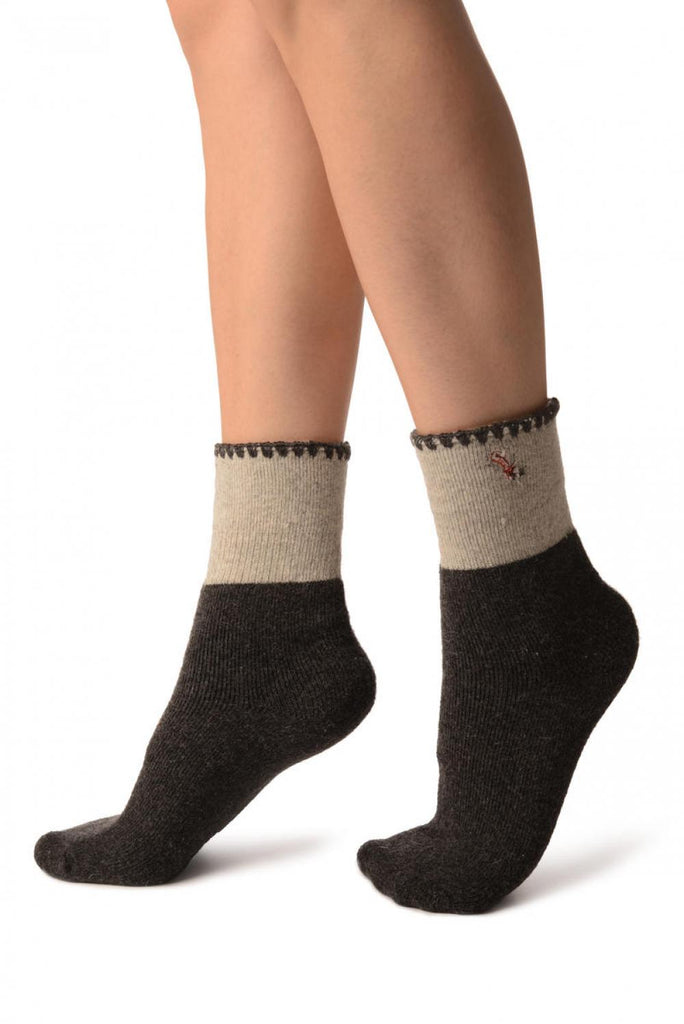 Liss Kiss Grey With Cute Dog Flip Top Angora Ankle High Socks - Socks