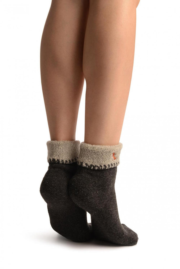 Liss Kiss Grey With Cute Dog Flip Top Angora Ankle High Socks - Socks