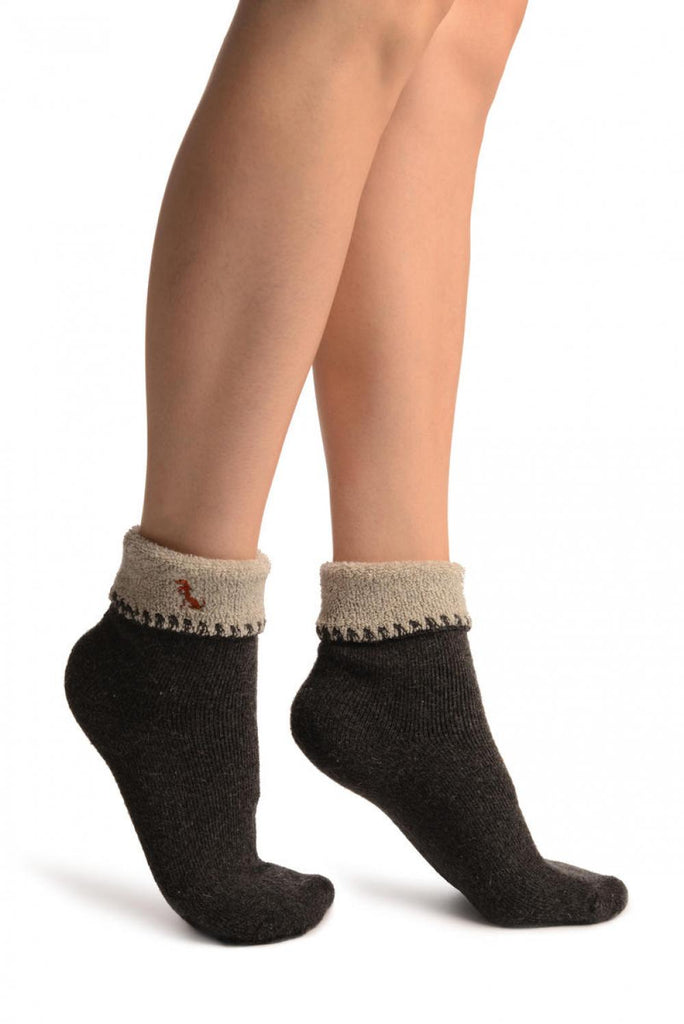 liss kiss Grey With Cute Dog Flip Top Angora Ankle High Socks - Socks
