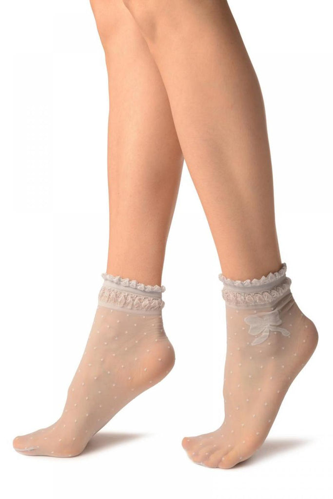 Liss Kiss Grey With Dots & Bow Comfort Top Ankle High Socks - Socks