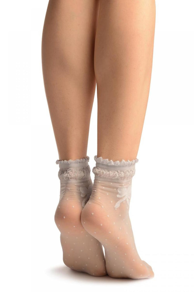 Liss Kiss Grey With Dots & Bow Comfort Top Ankle High Socks - Socks