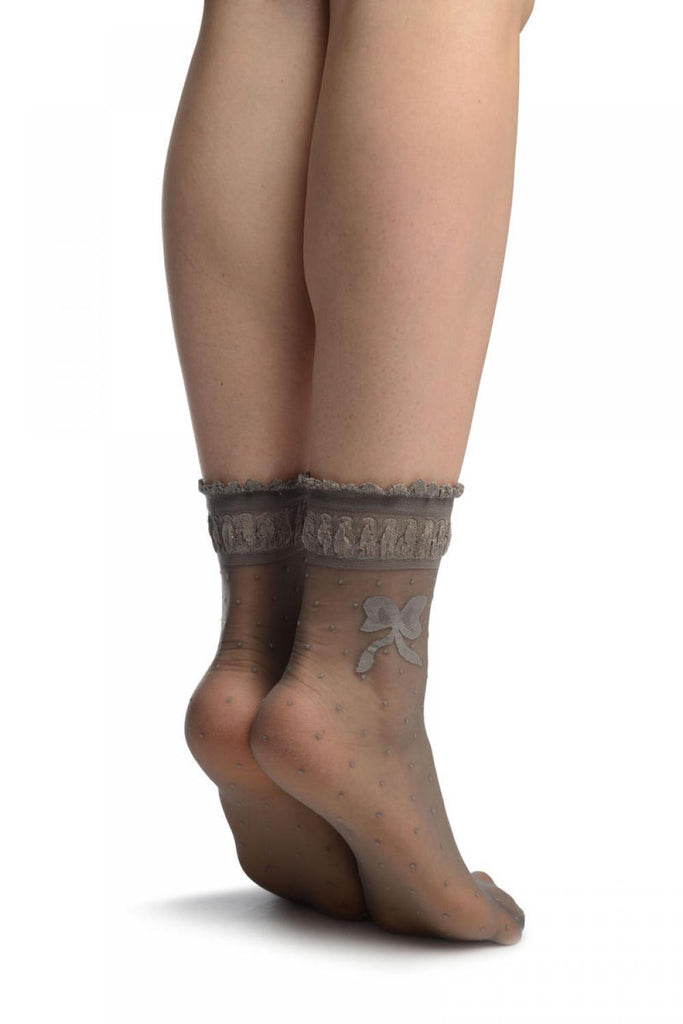 Liss Kiss Grey With Dots & Bow Comfort Top Ankle High Socks - Socks